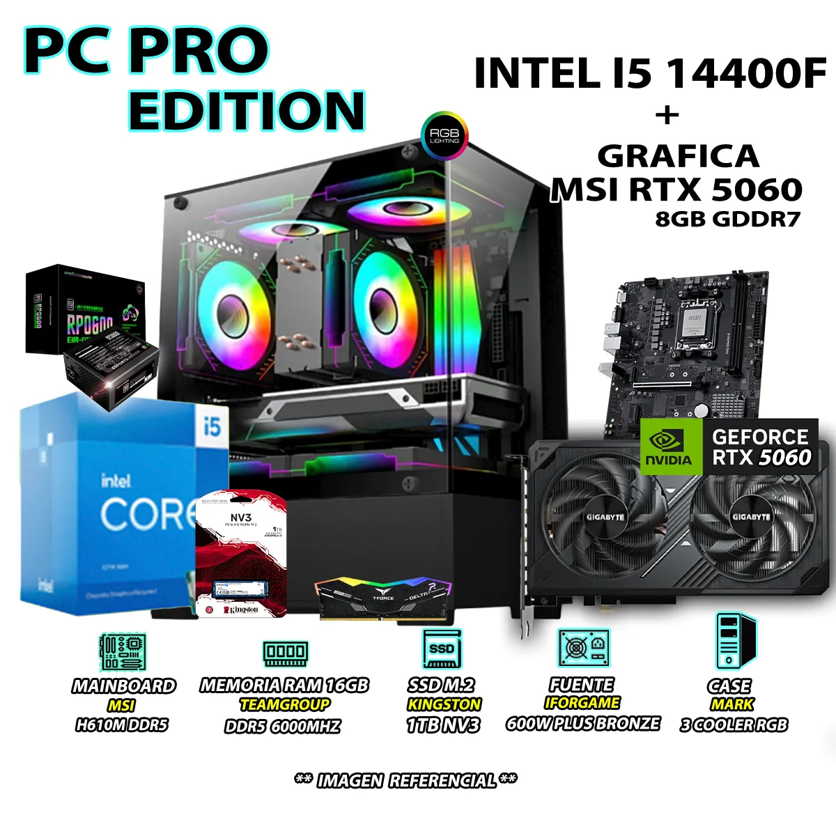 COMPUTADORA GAMER CORE I5 14400F RAM DDR5 16GB SSD 1TB CON GRAFICA RTX 5060 8GB - 1