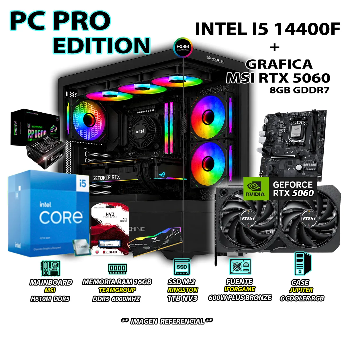 COMPUTADORA GAMER CORE I5 14400F RAM DDR5 16GB SSD 1TB CON GRAFICA RTX 5060 8GB - 1