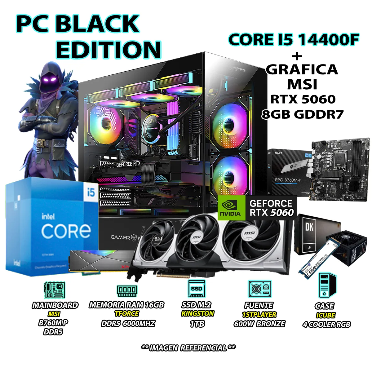 COMPUTADORA PC GAMER INTEL CORE I5 14400F RAM 16GB DDR5 SSD 1TB RTX 5060 8GB - 1