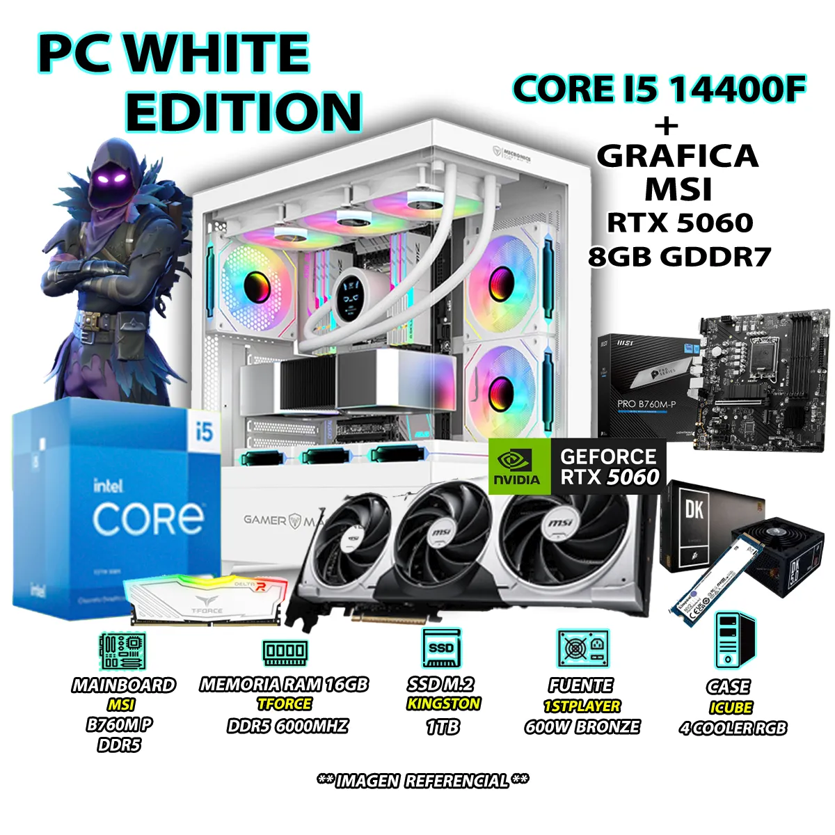COMPUTADORA PC GAMER INTEL CORE I5 14400F RAM 16GB DDR5 SSD 1TB RTX 5060 8GB - 1