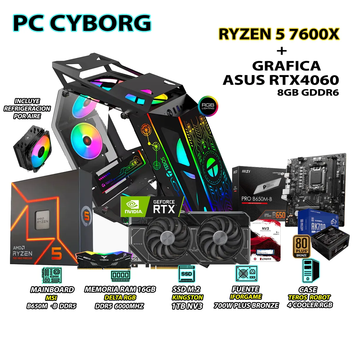 COMPUTADORA GAMER PRO RYZEN 5 7600X RAM 16GB DDR5 SSD 1TB GRAFICA RTX 4060 8GB - 1