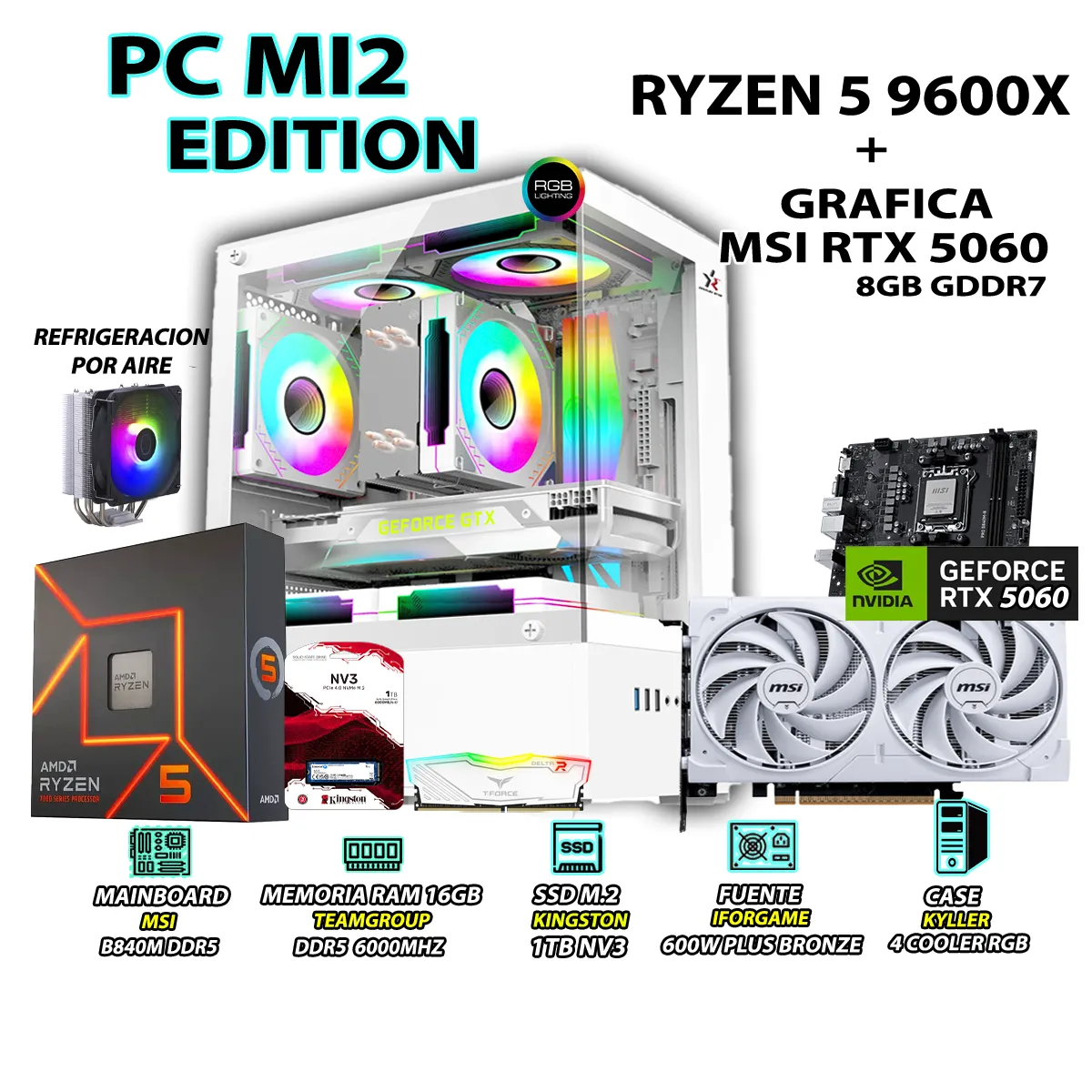 COMPUTADORA GAMER PRO RYZEN 5 9600X RAM 16GB DDR5 SSD 1TB GRAFICA RTX 5060 8GB - 1