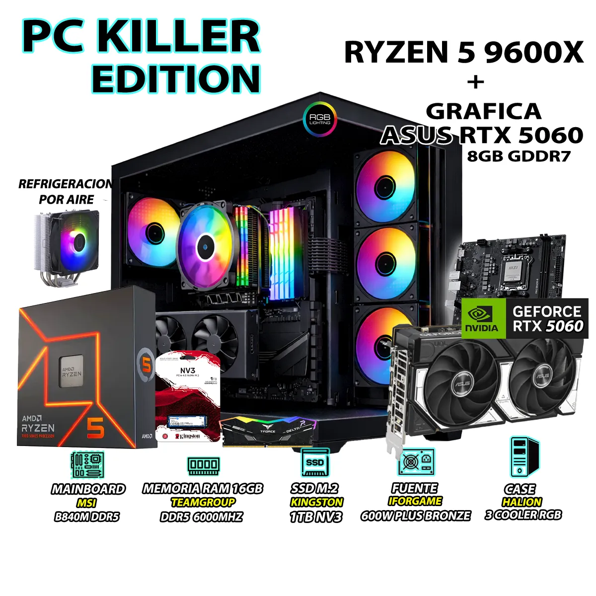 PC GAMER PRO XTREME RYZEN 5 9600X RAM 16GB DDR5 SSD 1TB GRAFICA RTX 5060 8GB - 1