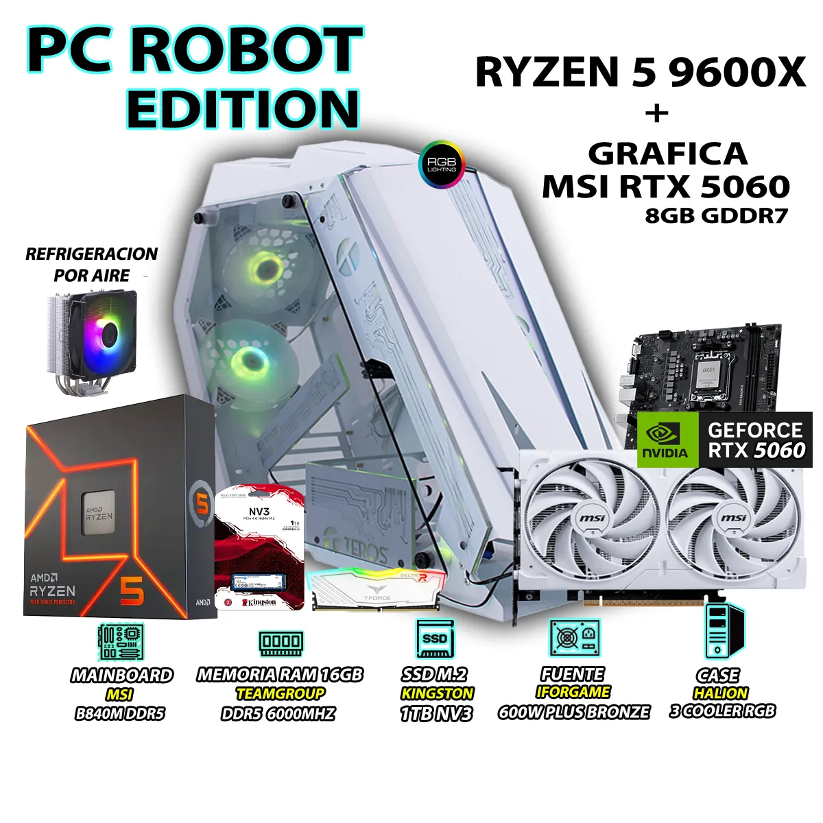COMPUTADORA GAMER PRO RYZEN 5 9600X RAM 16GB DDR5 SSD 1TB GRAFICA RTX 5060 8GB - 1
