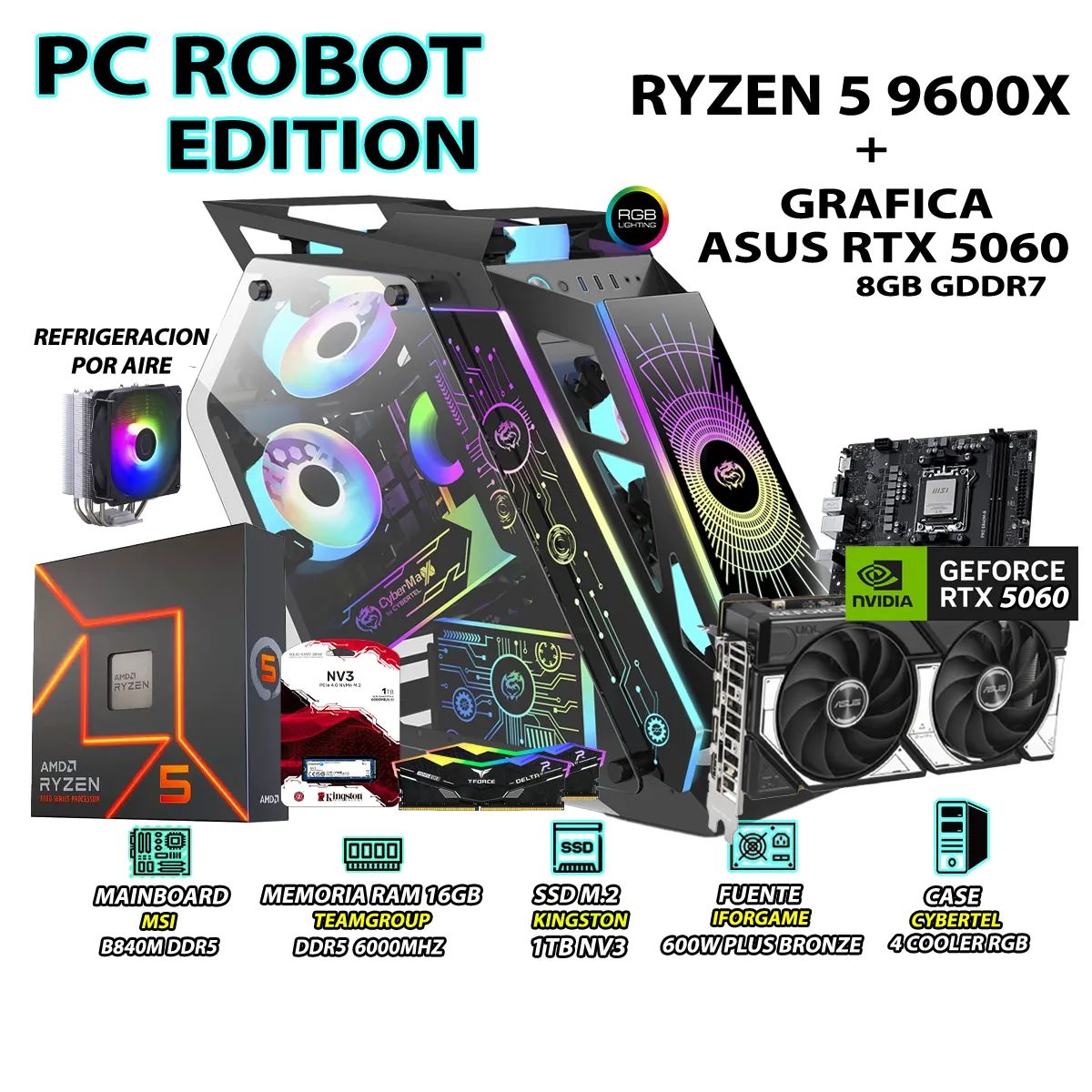 PC GAMER PRO XTREME RYZEN 5 9600X RAM 16GB DDR5 SSD 1TB GRAFICA RTX 5060 8GB - 1
