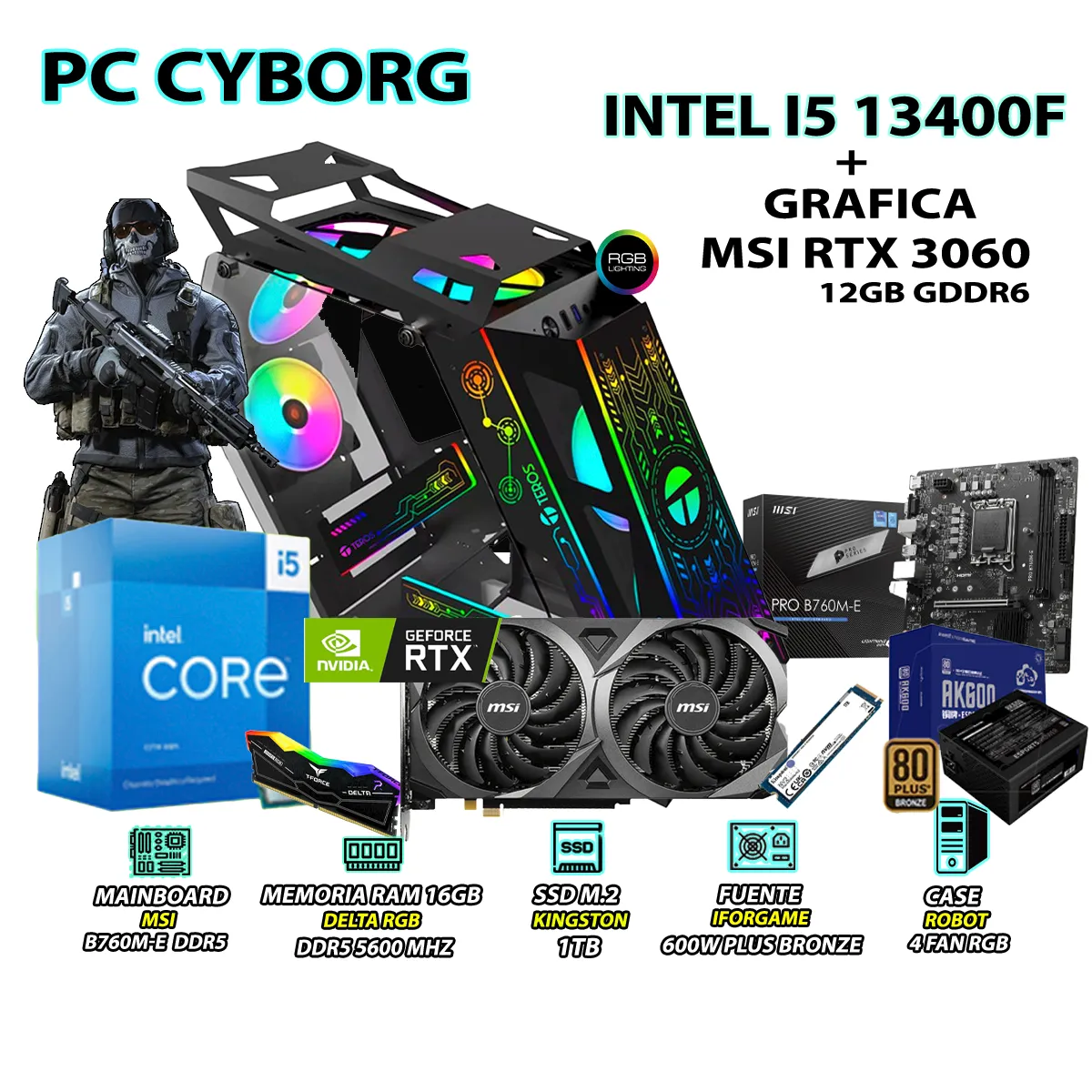 COMPUTADORA GAMER STRIKE CORE I5 13400F RAM DDR5 16GB SSD 1TB RTX 5060 8GB - 1