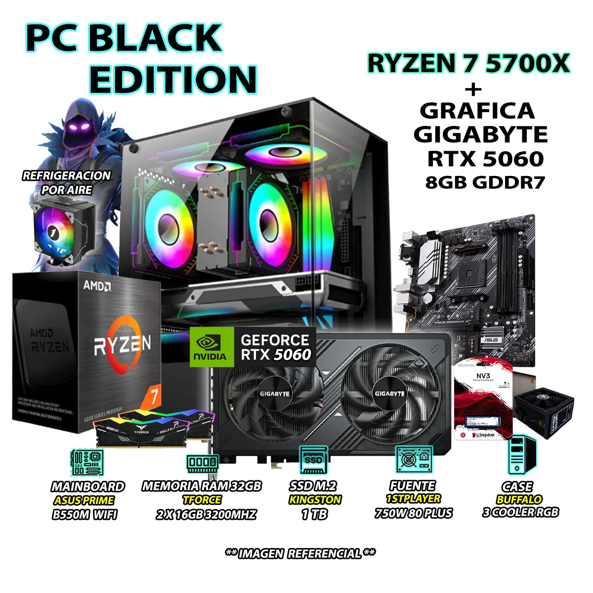 COMPUTADORA PC RYZEN 7 5700X RAM 32GB SSD 1TB GRAFICA RTX 5060 8GB - 1