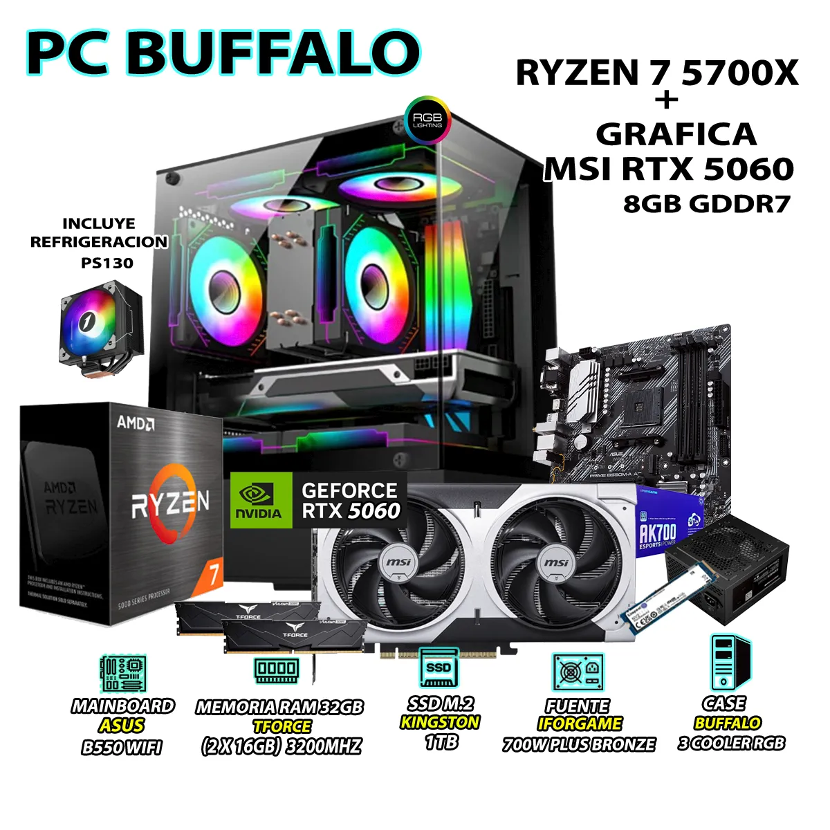 COMPUTADORA PC RYZEN 7 5700X RAM 32GB SSD 1TB GRAFICA RTX 5060 8GB - 1