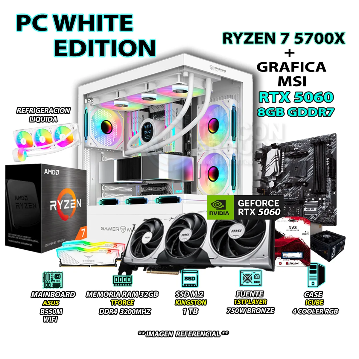 COMPUTADORA PC GAMER RYZEN 7 5700X RAM 32GB SSD 1TB GRAFICA RTX 5060 8GB - 1