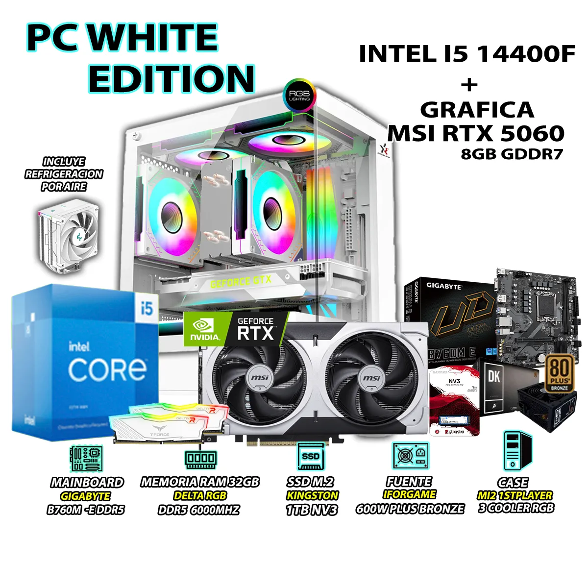 COMPUTADORA PC GAMER INTEL CORE I5 14400F RAM 32GB SSD 1TB RTX 5060 8GB - 1
