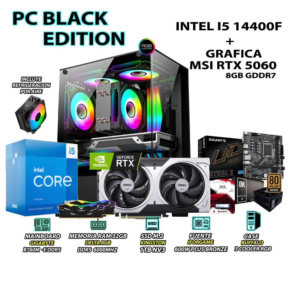 COMPUTADORA PC GAMER INTEL CORE I5 14400F RAM 32GB SSD 1TB RTX 5060 8GB - 1