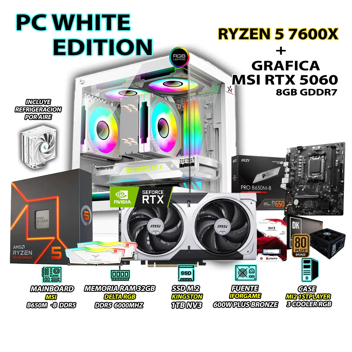 COMPUTADORA GAMER PRO RYZEN 5 7600X RAM 32GB DDR5 SSD 1TB GRAFICA RTX 5060 8GB - 1