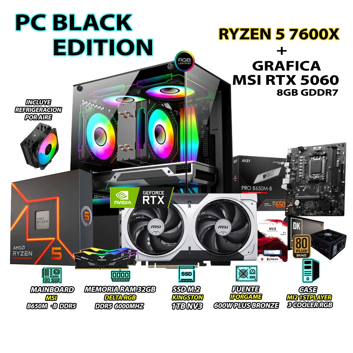 COMPUTADORA GAMER PRO RYZEN 5 7600X RAM 32GB DDR5 SSD 1TB GRAFICA RTX 5060 8GB - 1