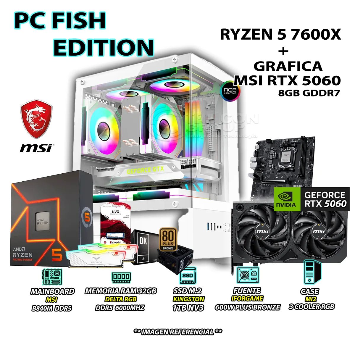 COMPUTADORA PC GAMER RYZEN 5 7600X RAM DDR5 32GB SSD 1TB RTX 5060 8GB - 1