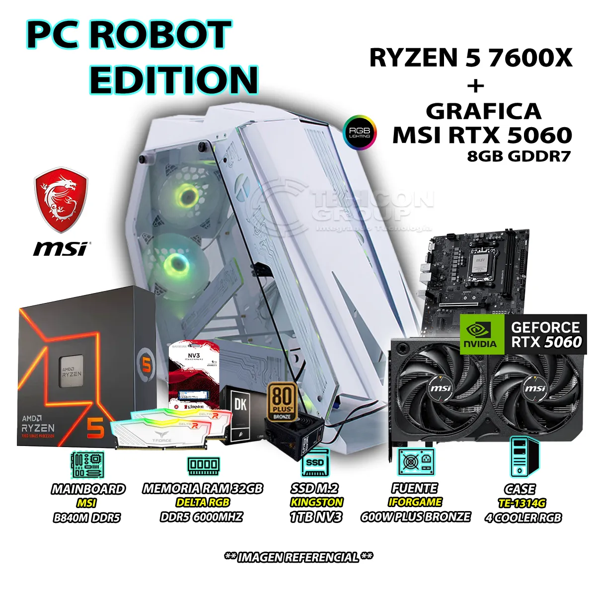COMPUTADORA PC GAMER RYZEN 5 7600X RAM DDR5 32GB SSD 1TB RTX 5060 8GB - 1