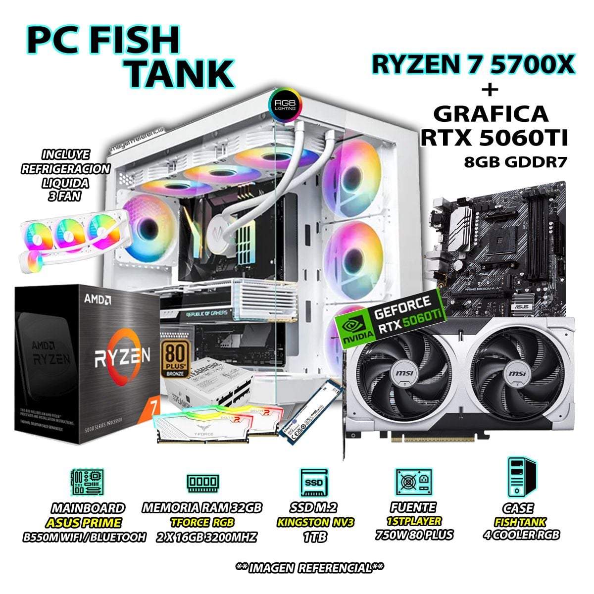 COMPUTADORA PC GAMER RYZEN 7 5700X RAM 32GB SSD 1TB GRAFICA RTX 5060TI 8GB - 1