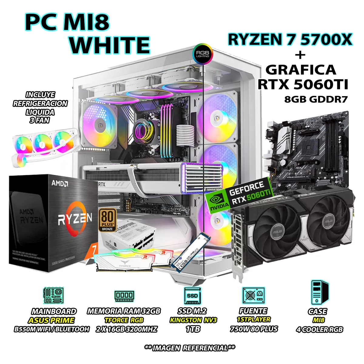 COMPUTADORA PC RYZEN 7 5700X RAM 32GB SSD 1TB GRAFICA RTX 5060TI 8GB - 1