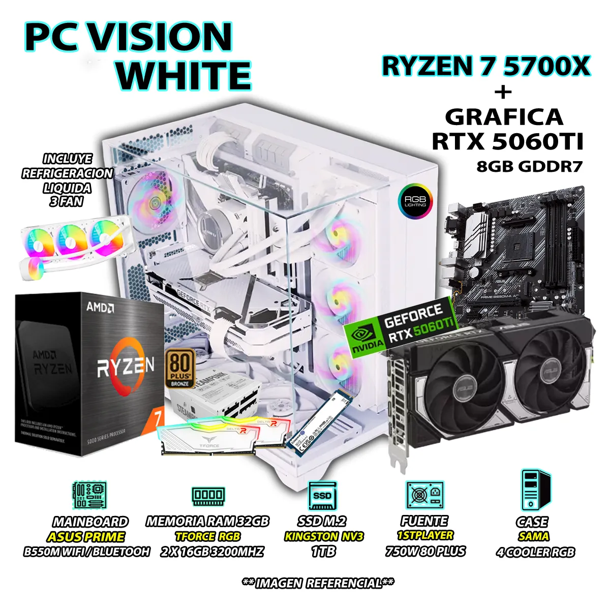 COMPUTADORA PC GAMER RYZEN 7 5700X RAM 32GB SSD 1TB GRAFICA RTX 5060TI 8GB - 1