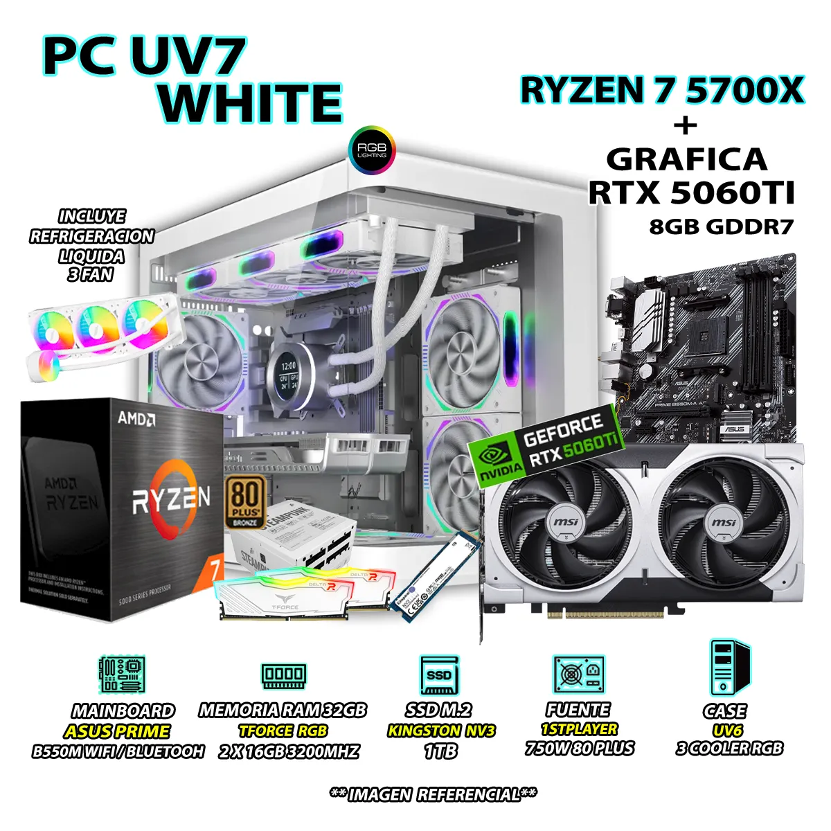 COMPUTADORA PC GAMER RYZEN 7 5700X RAM 32GB SSD 1TB GRAFICA RTX 5060TI 8GB - 1
