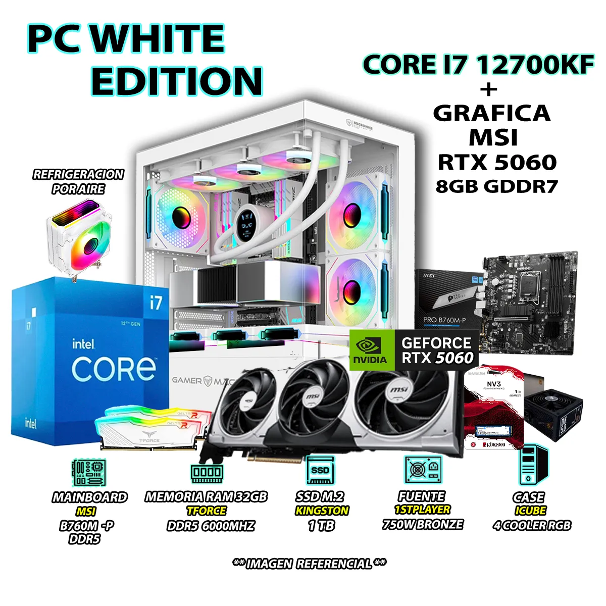 COMPUTADORA PC GAMER CORE I7 12700KF RAM 32GB DDR5 SSD 1TB GRAFICA RTX 5060 8GB - 1