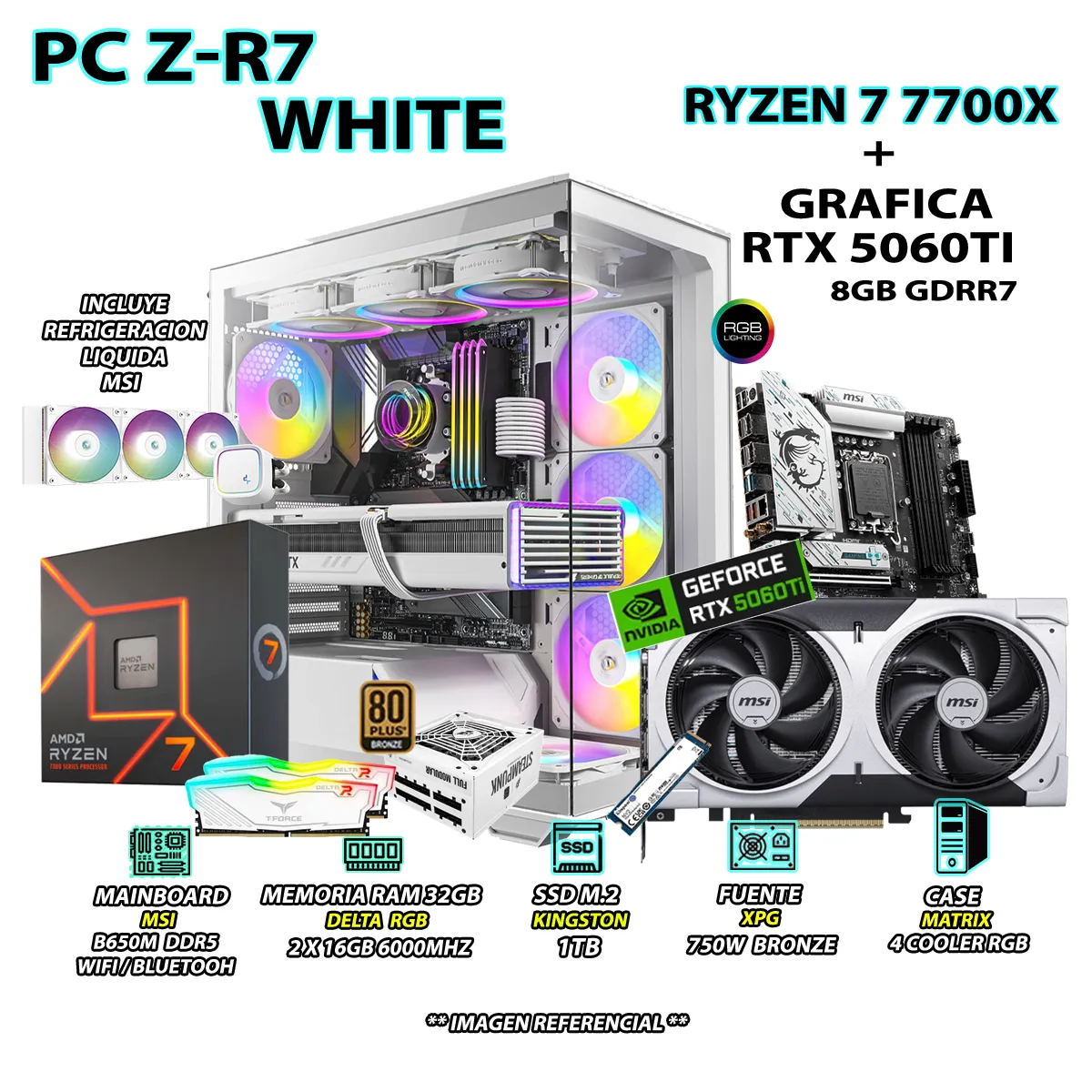 COMPUTADORA PC GAMER PRO RYZEN 7 7700X RAM 32GB SSD 1TB GRAFICA RTX 5060TI 8GB - 1