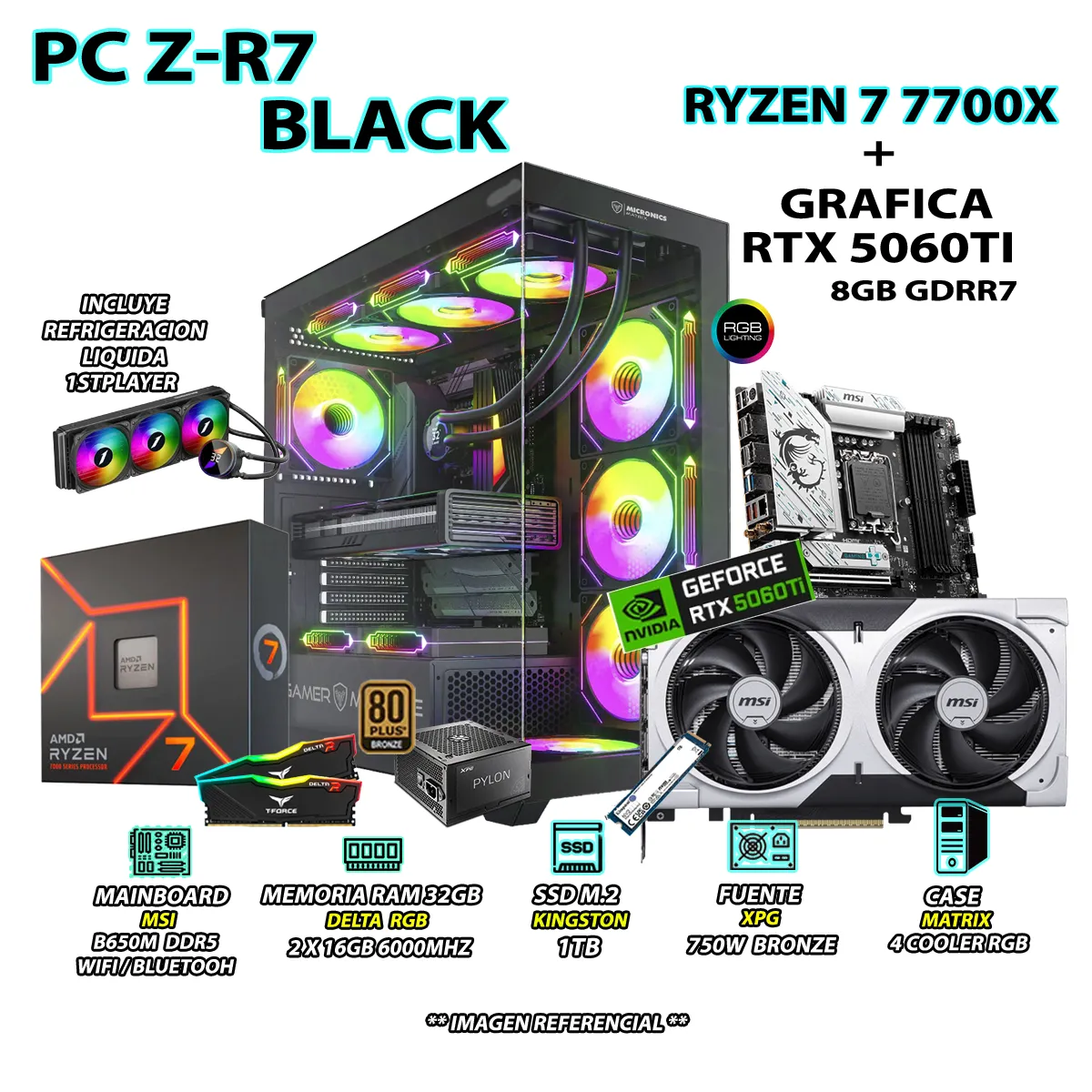COMPUTADORA PC GAMER PRO RYZEN 7 7700X RAM 32GB SSD 1TB GRAFICA RTX 5060TI 8GB - 1