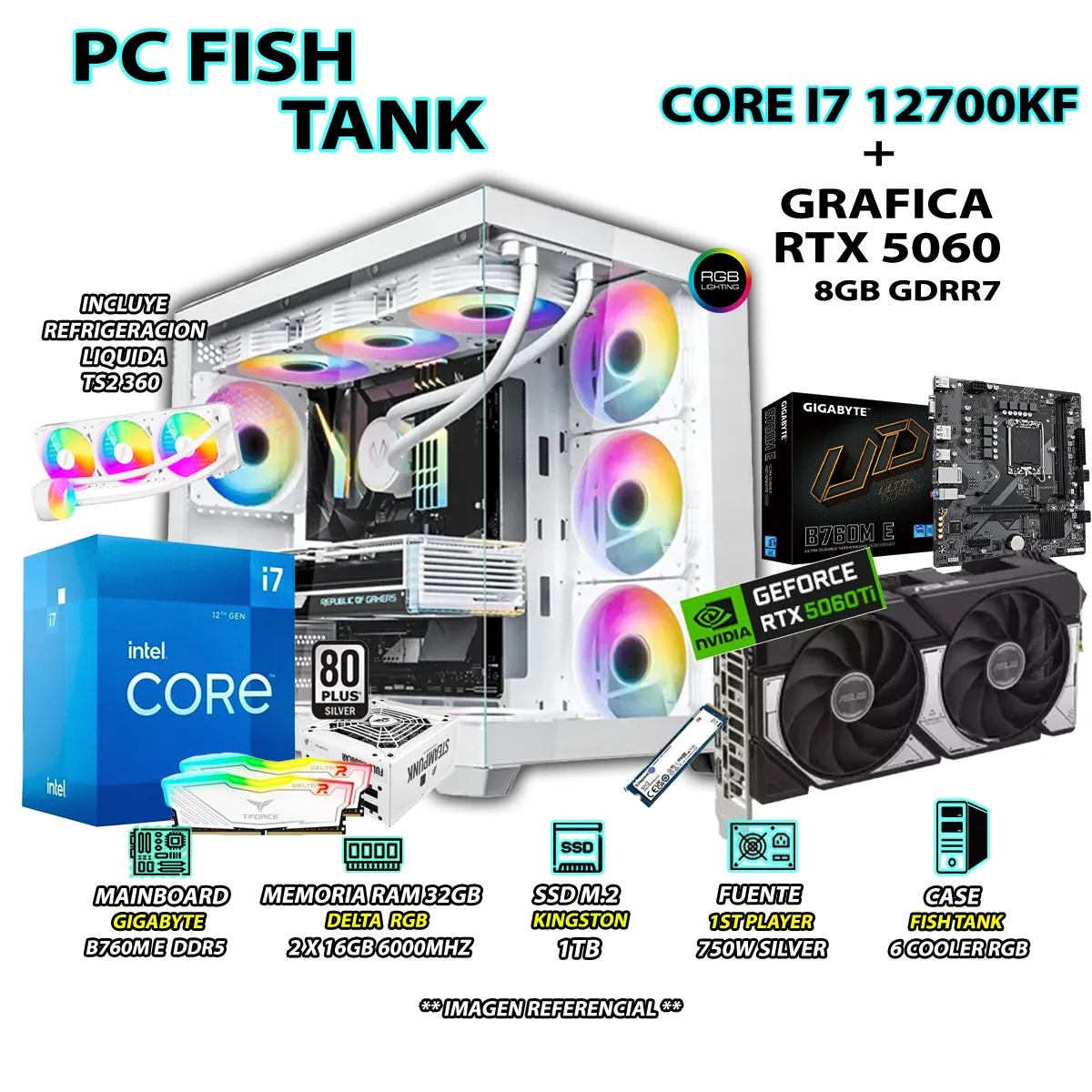 COMPUTADORA PC GAMER CORE I7 12700KF RAM DDR5 32GB SSD 1TB GRAFICA RTX 5060 8GB - 1
