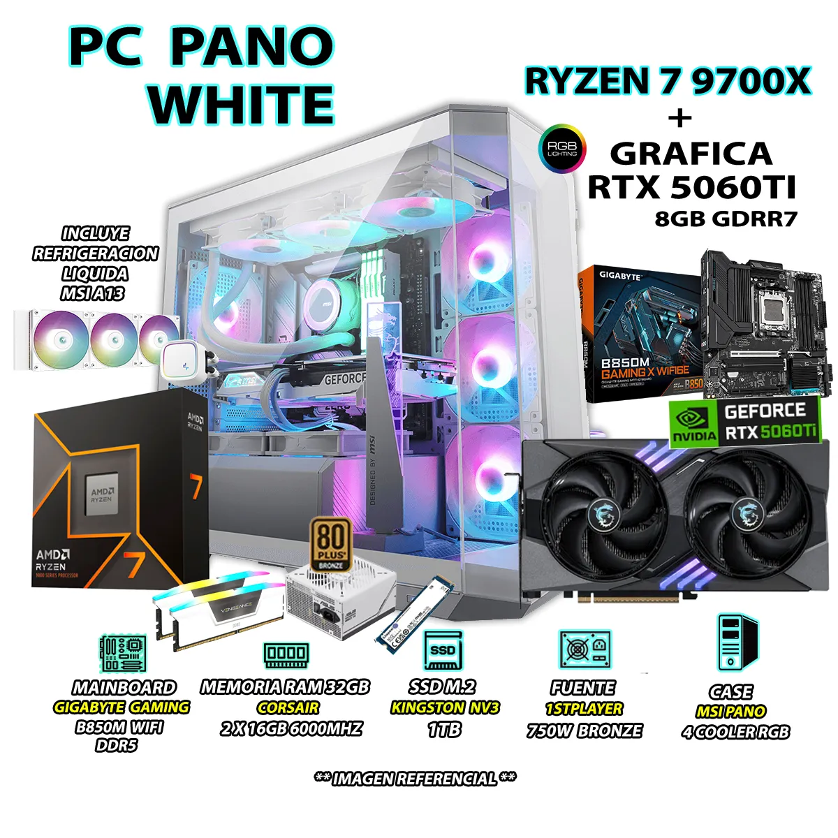 COMPUTADORA PC GAMER RYZEN 7 9700X RAM 32GB DDR5 SSD 1TB GRAFICA RTX 5060TI 8GB - 1