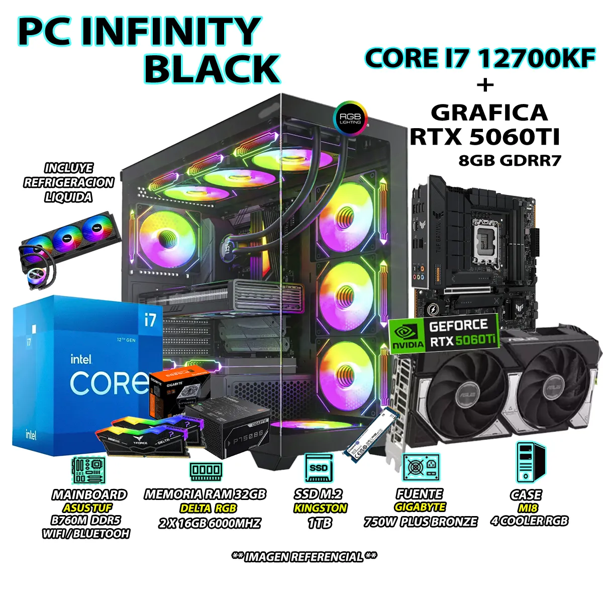 COMPUTADORA PC GAMER INTEL I7 12700KF RAM 32GB SSD 1TB GRAFICA RTX 5060TI 8GB - 1