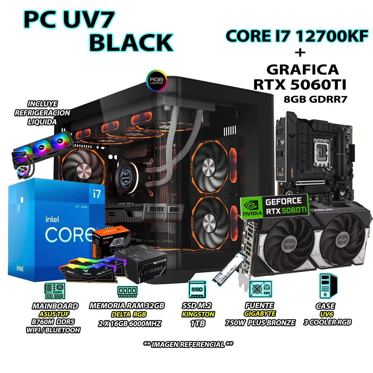 COMPUTADORA PC GAMER INTEL I7 12700KF RAM 32GB SSD 1TB GRAFICA RTX 5060TI 8GB - 1