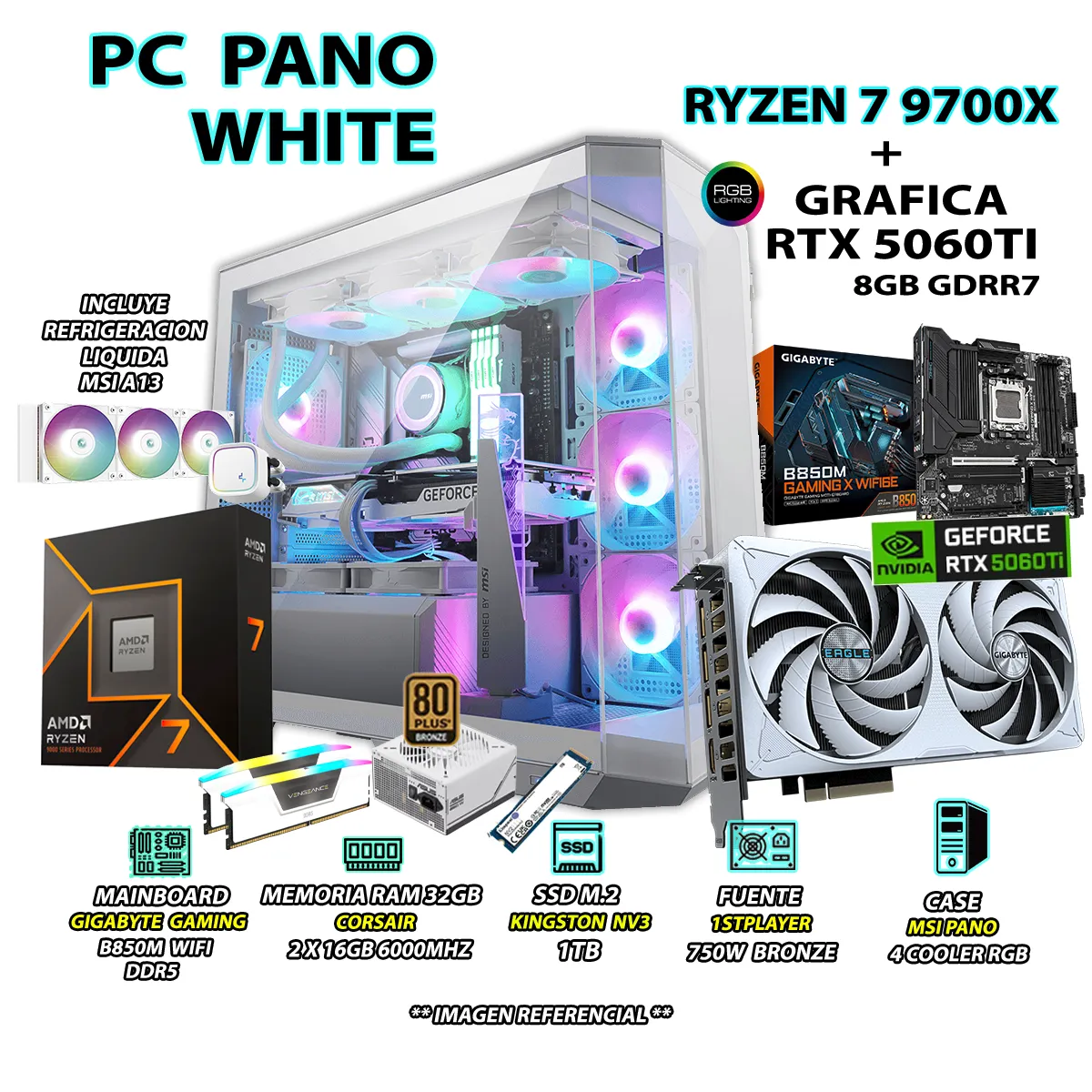 COMPUTADORA PC GAMER RYZEN 7 9700X RAM 32GB DDR5 SSD 1TB GRAFICA RTX 5060TI 8GB - 1