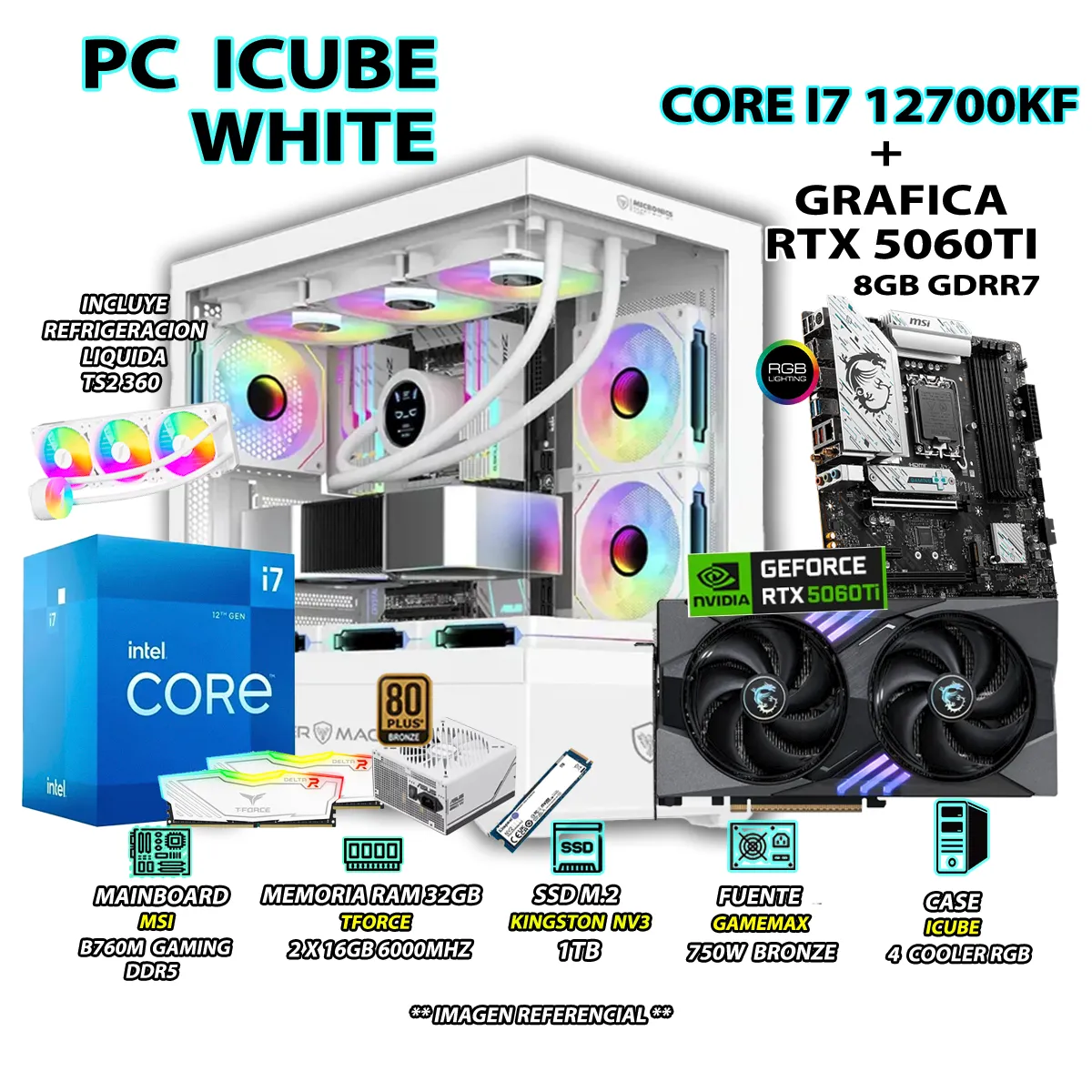 COMPUTADORA PC GAMER CORE I7 12700KF RAM 32GB SSD 1TB GRAFICA RTX 5060TI 8GB - 1