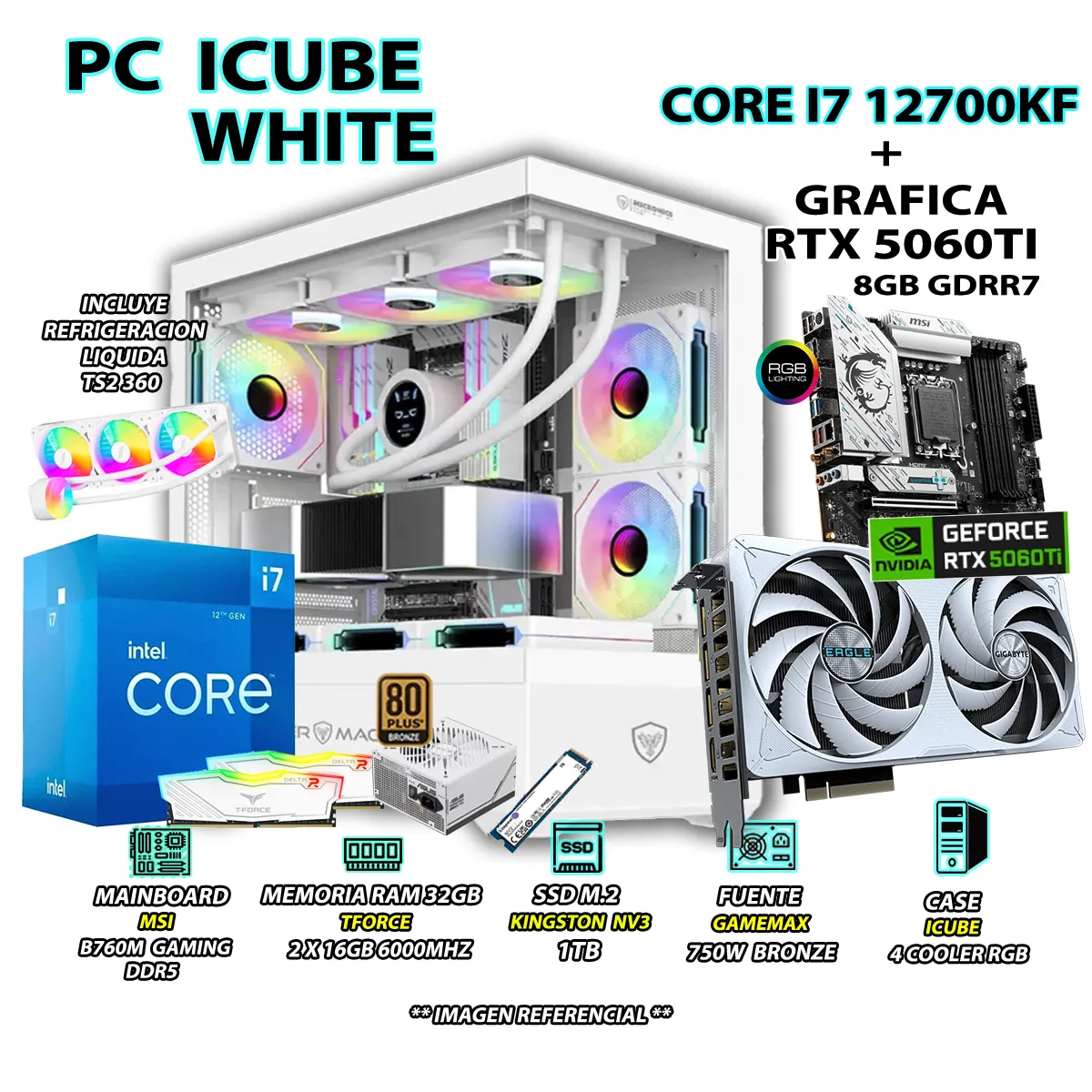 COMPUTADORA PC GAMER CORE I7 12700KF RAM 32GB SSD 1TB GRAFICA RTX 5060TI 8GB - 1