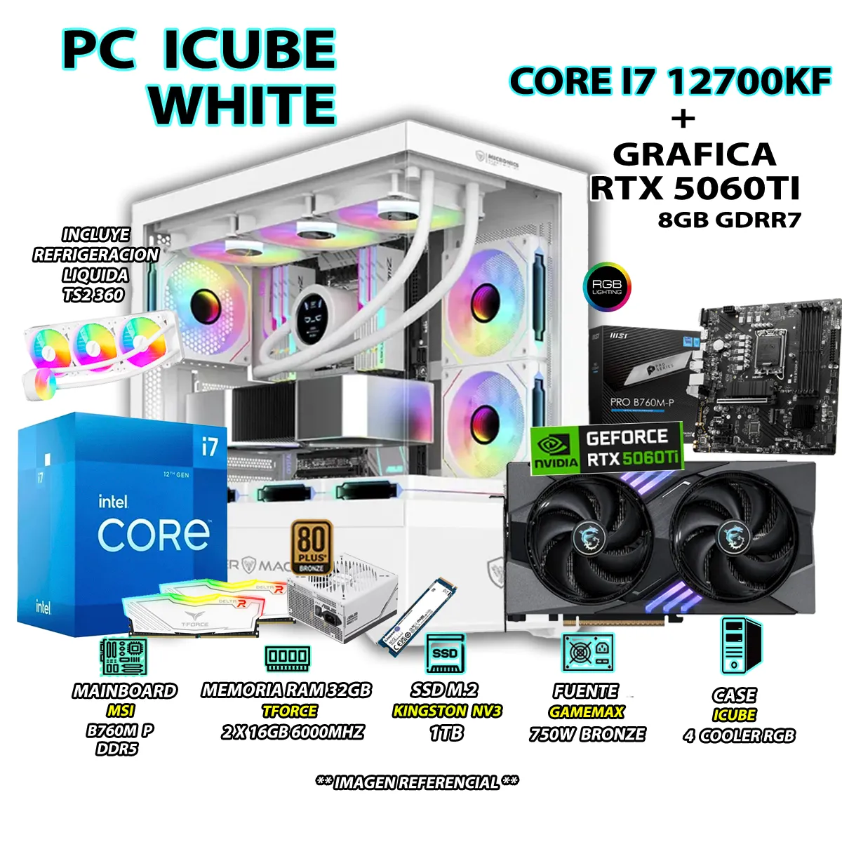 COMPUTADORA PC GAMER CORE I7 12700KF RAM 32GB SSD 1TB GRAFICA RTX 5060TI 8GB - 1