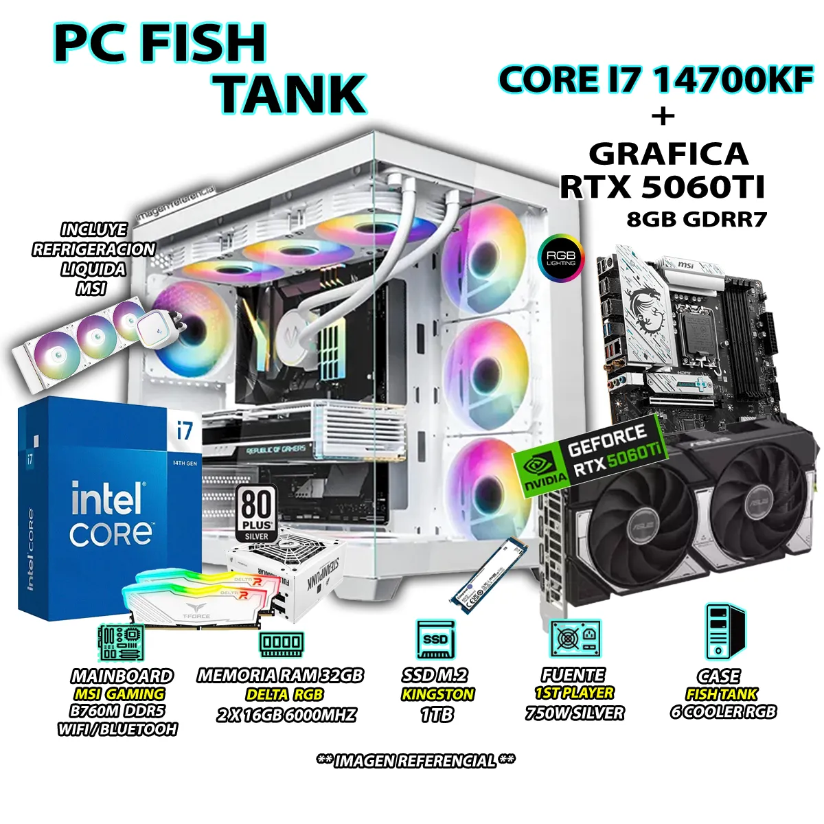 COMPUTADORA PC GAMER INTEL I7 14700KF RAM 32GB SSD 1TB GRAFICA RTX 5060TI 8GB - 1