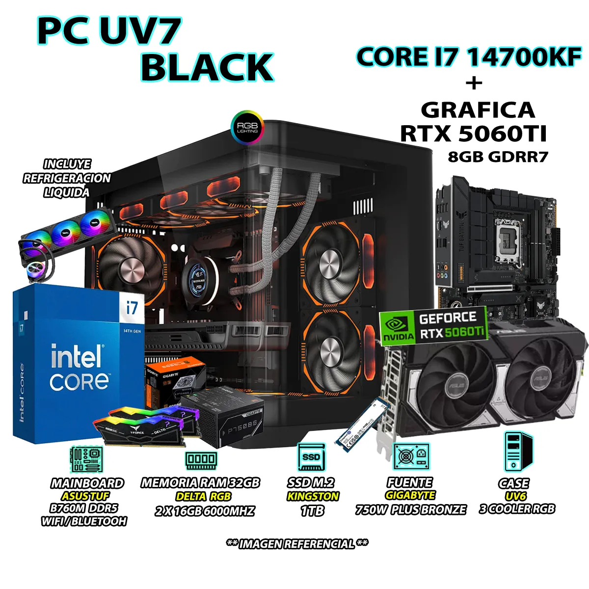 COMPUTADORA PC GAMER INTEL I7 14700KF RAM DDR5 32GB SSD 1TB GRAFICA RTX 5060TI 8GB - 1