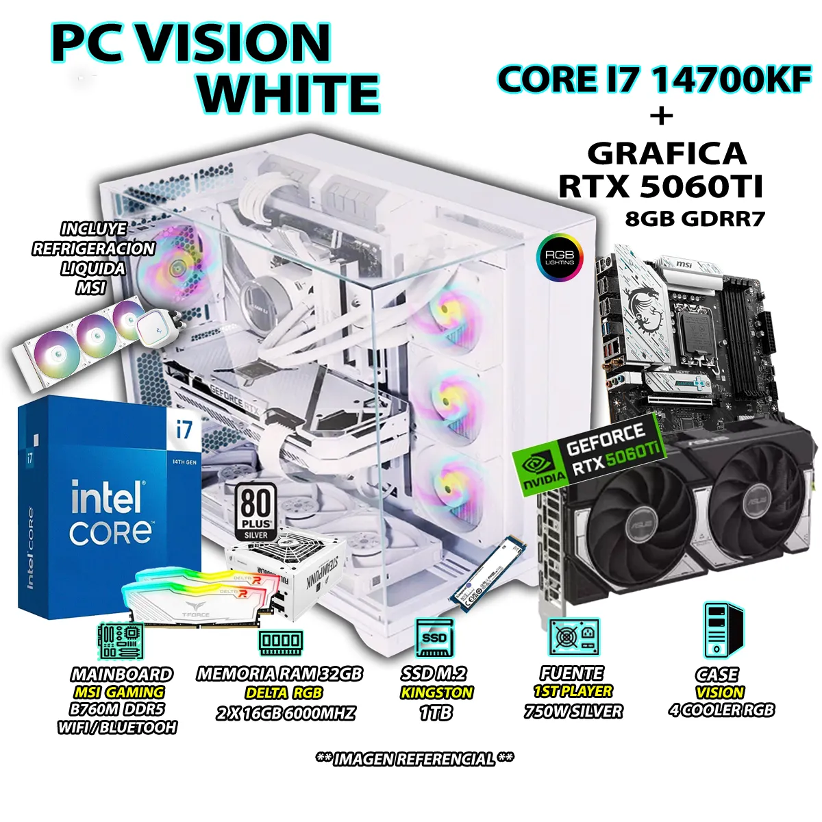 COMPUTADORA PC GAMER INTEL I7 14700KF RAM 32GB SSD 1TB GRAFICA RTX 5060TI 8GB - 1