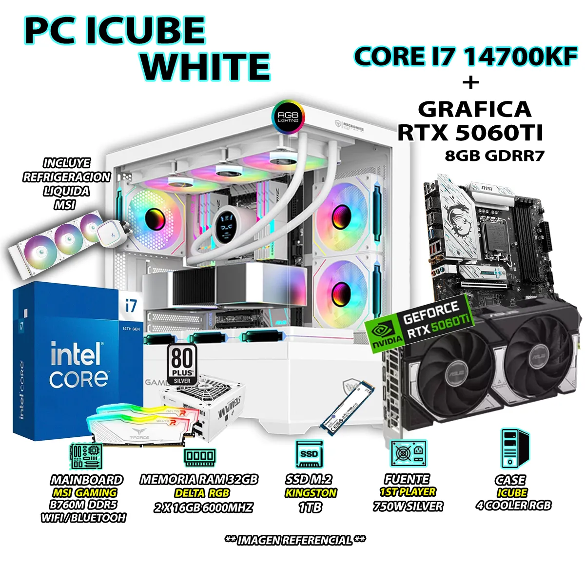 COMPUTADORA PC GAMER INTEL I7 14700KF RAM 32GB SSD 1TB GRAFICA RTX 5060TI 8GB - 1