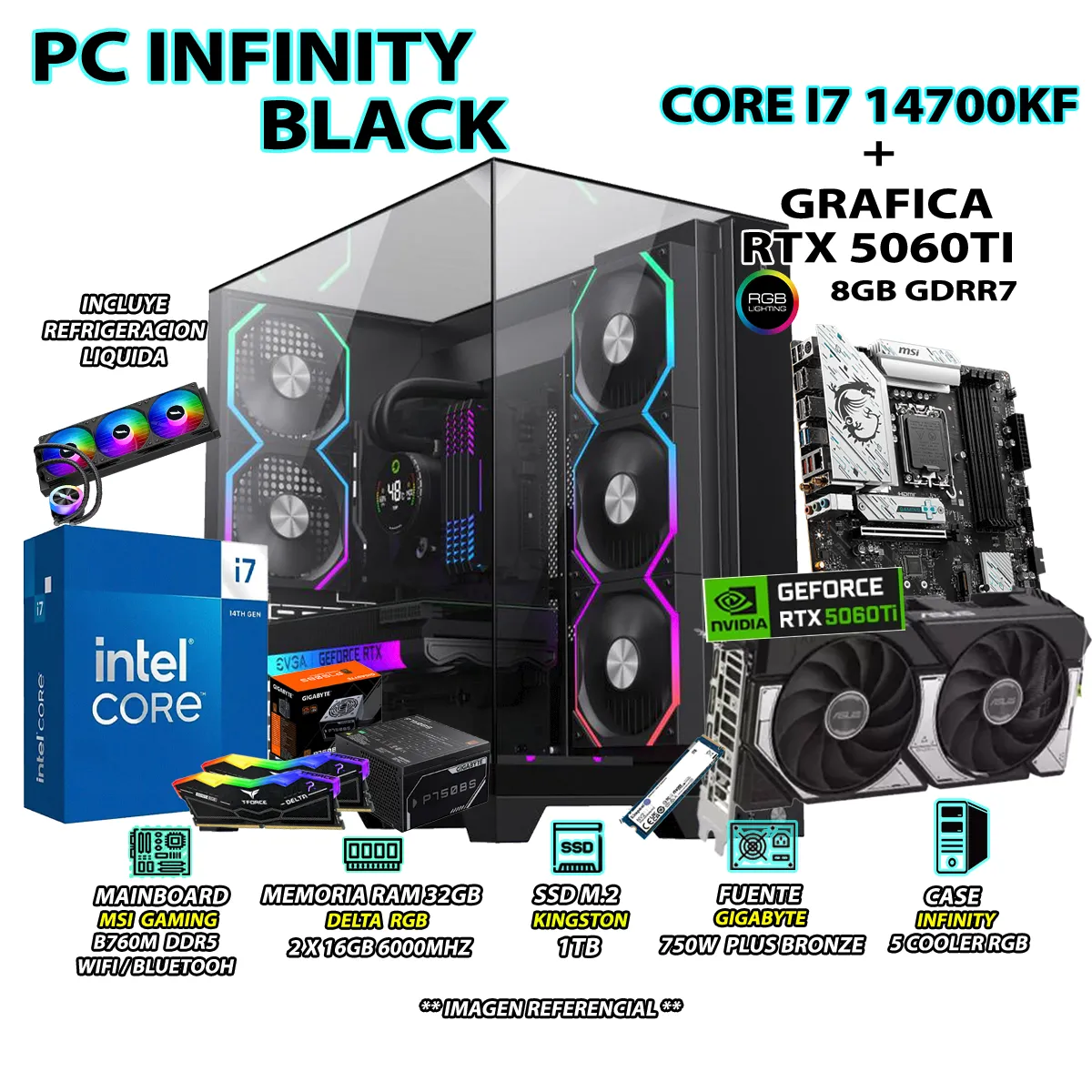 COMPUTADORA PC GAMER INTEL I7 14700KF RAM 32GB SSD 1TB GRAFICA RTX 5060TI 8GB - 1