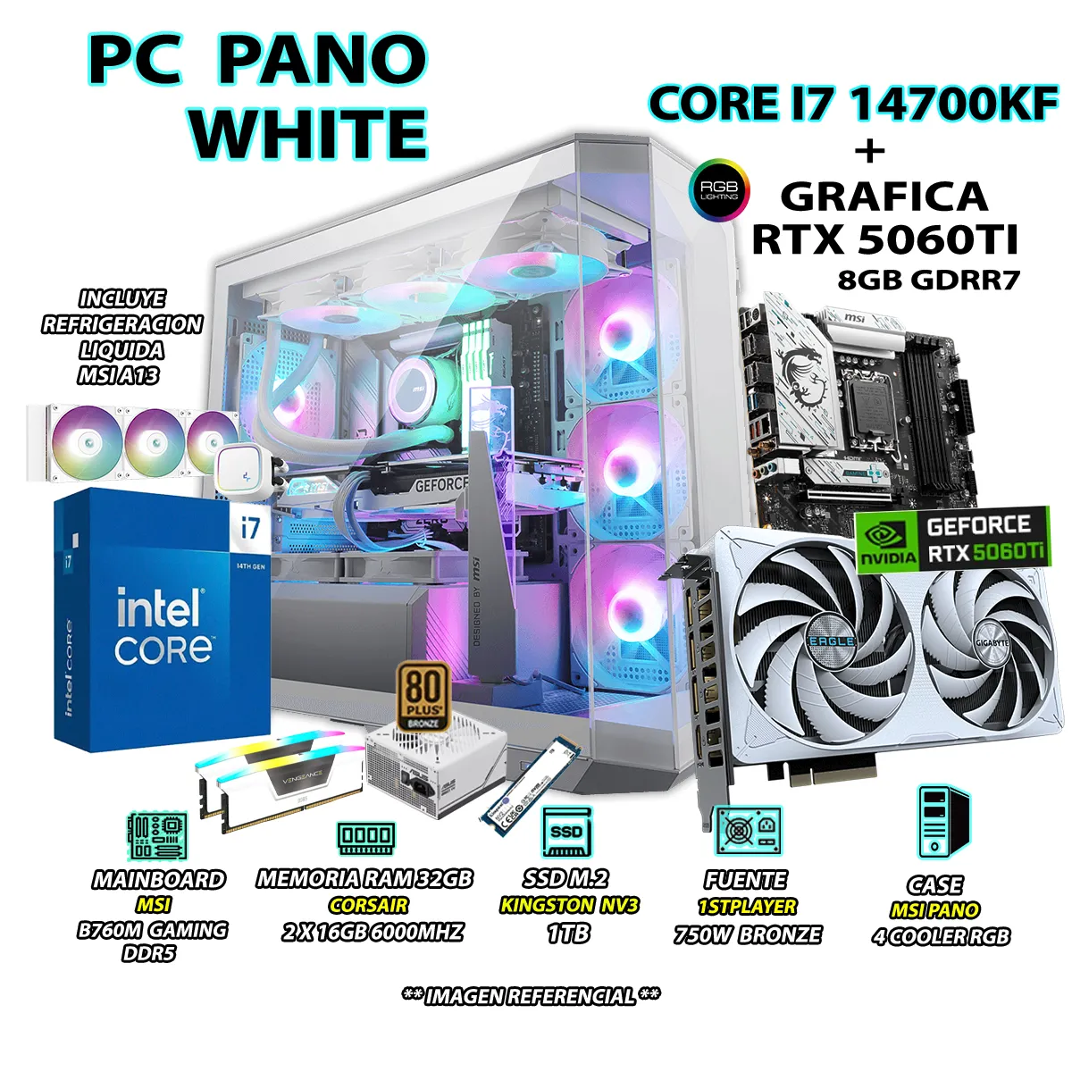 COMPUTADORA PC GAMER CORE I7 14700KF RAM 32GB SSD 1TB GRAFICA RTX 5060TI 8GB - 1