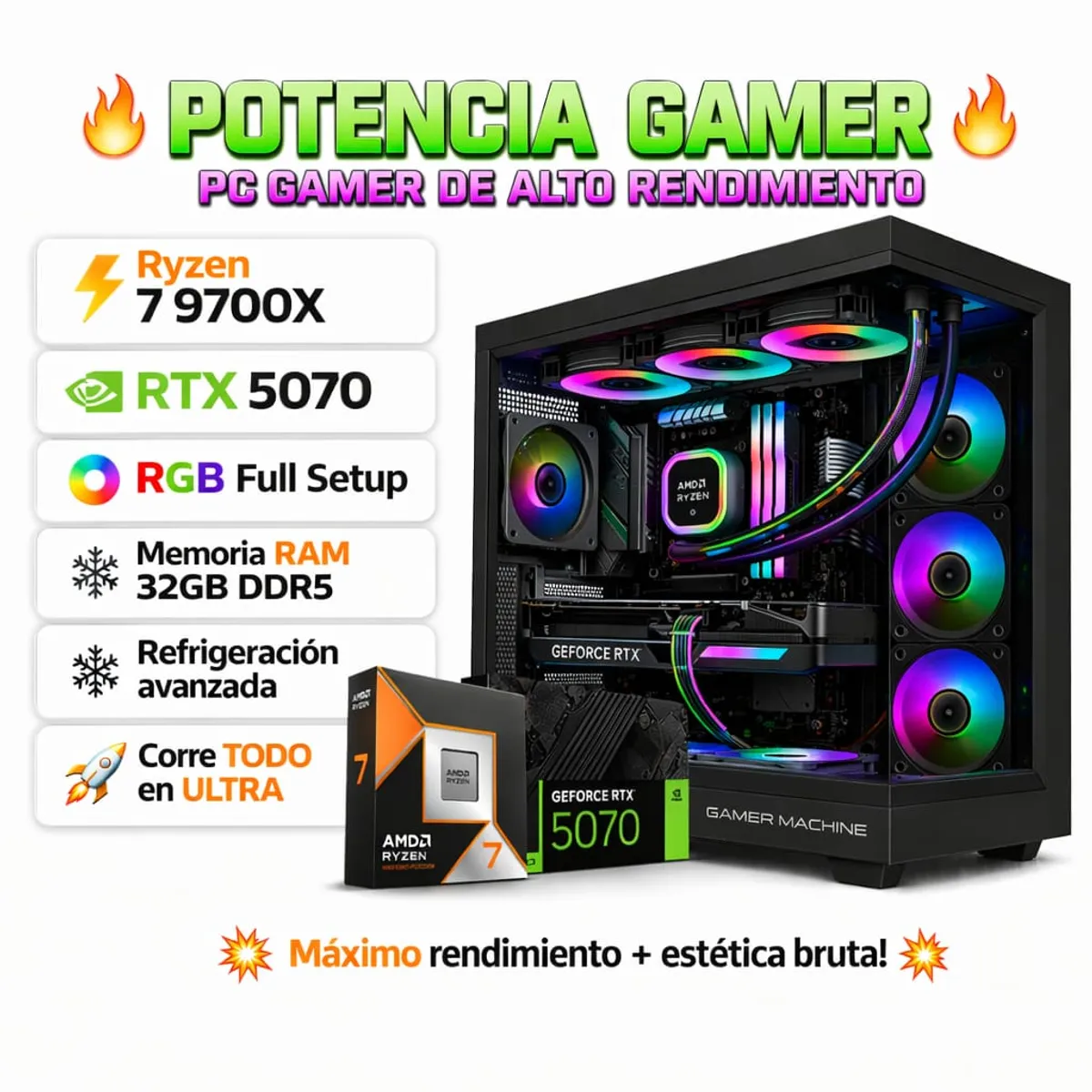 PC GAMER PRO ULTRA XTREME RYZEN 7 9700X RAM 32GB DDR5 SSD 1TB GRAFICA ASUS RTX 5070 12GB - 1