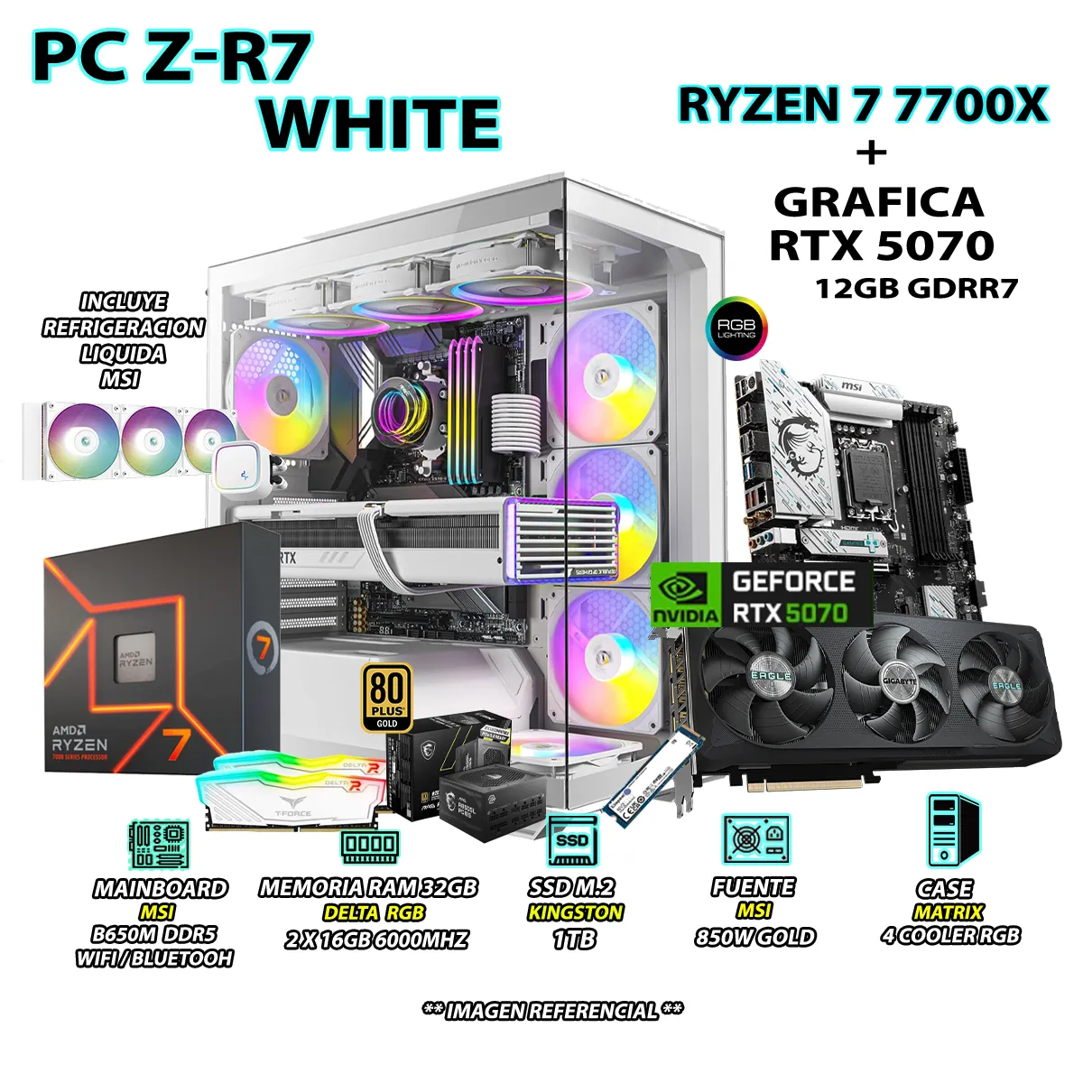 COMPUTADORA PC GAMER PRO RYZEN 7 7700X RAM 32GB SSD 1TB GRAFICA RTX 5070 12GB - 1