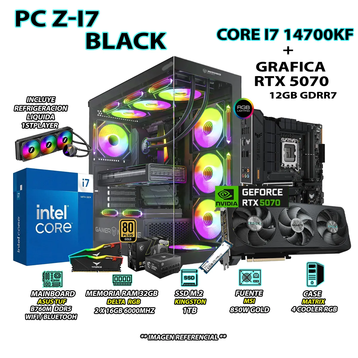 COMPUTADORA PC GAMER PRO CORE I7 14700KF RAM 32GB SSD 1TB GRAFICA RTX 5070 12GB - 1