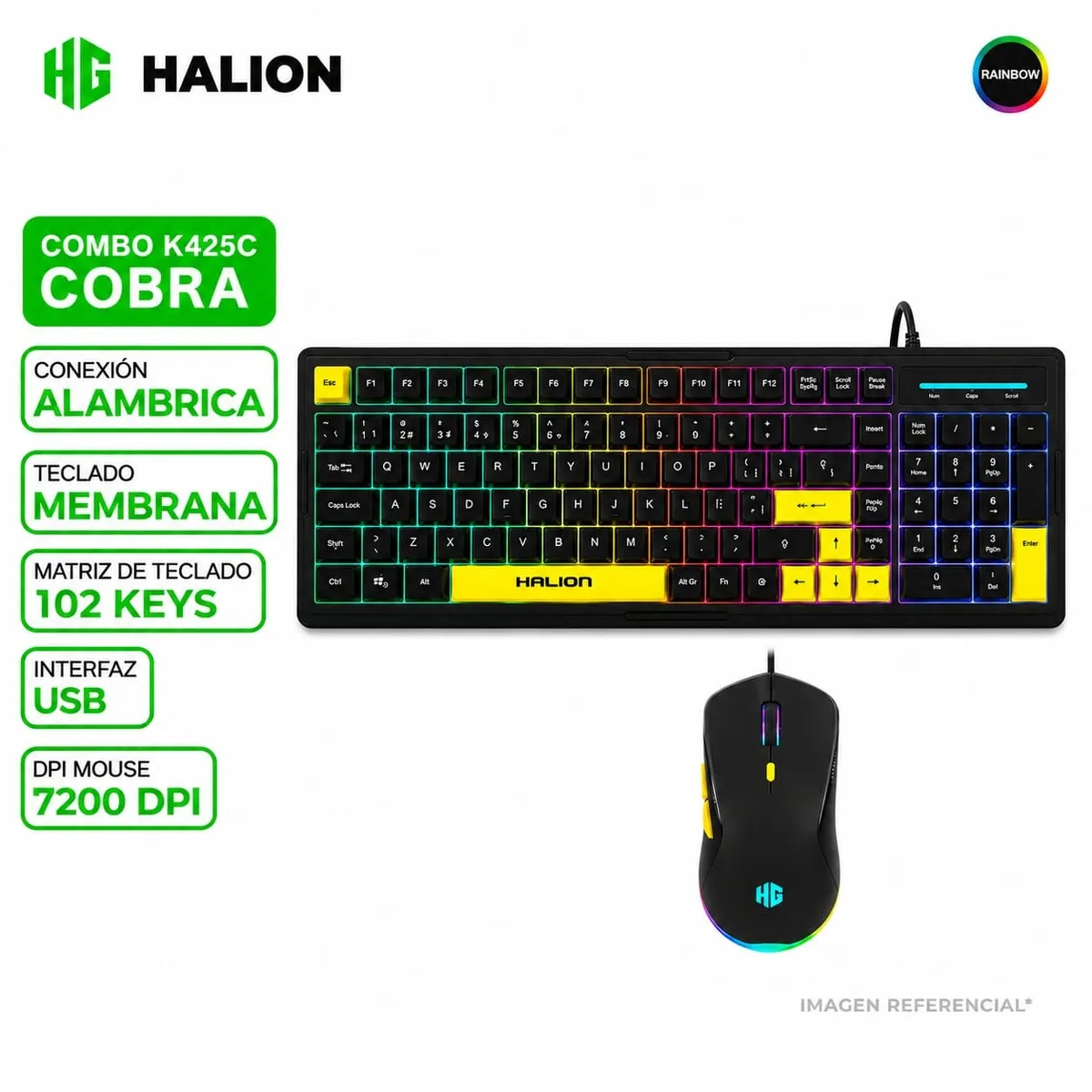 KIT GAMER HALION COBRA K425C TECLADO, MOUSE RGB RAINBOW, PAD MOUSE - 2