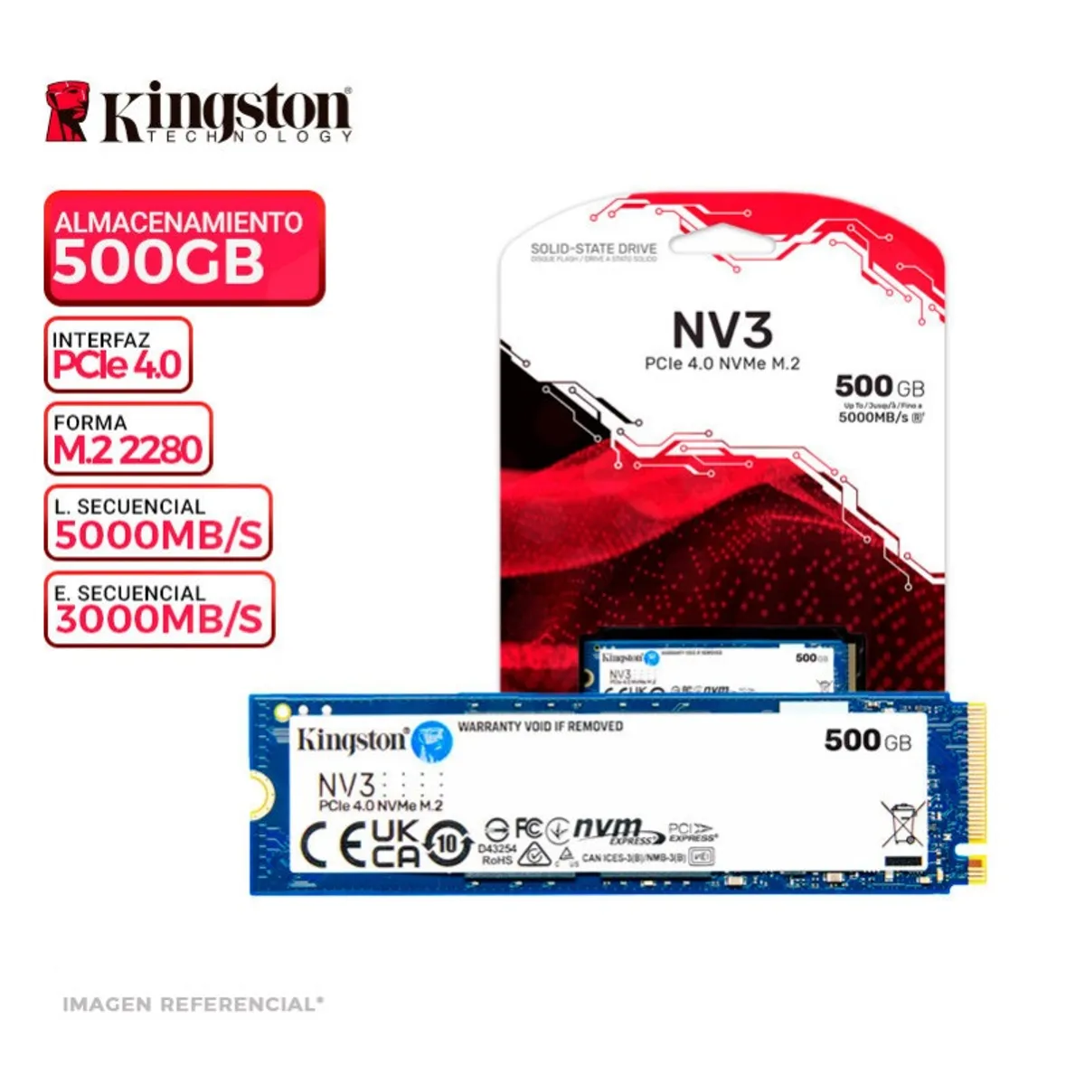 SSD KINGSTON 500GB NV3 M.2 NVME PCI 4.0, VELOCIDAD LECTURA: 5000 MBPS - 1