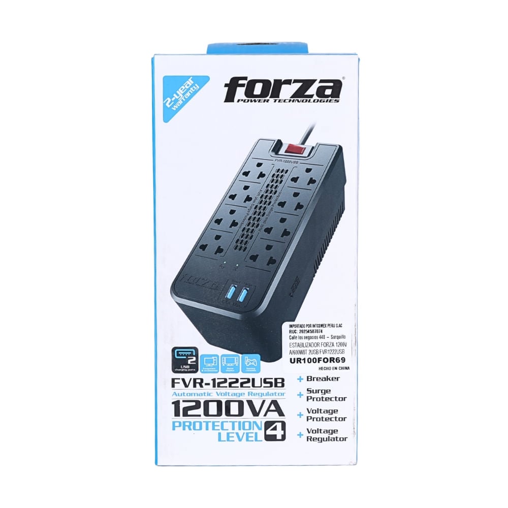 ESTABILIZADOR DE VOLTAJE FORZA FVR-1222USB 1200VA 600W COLOR NEGRO - 1