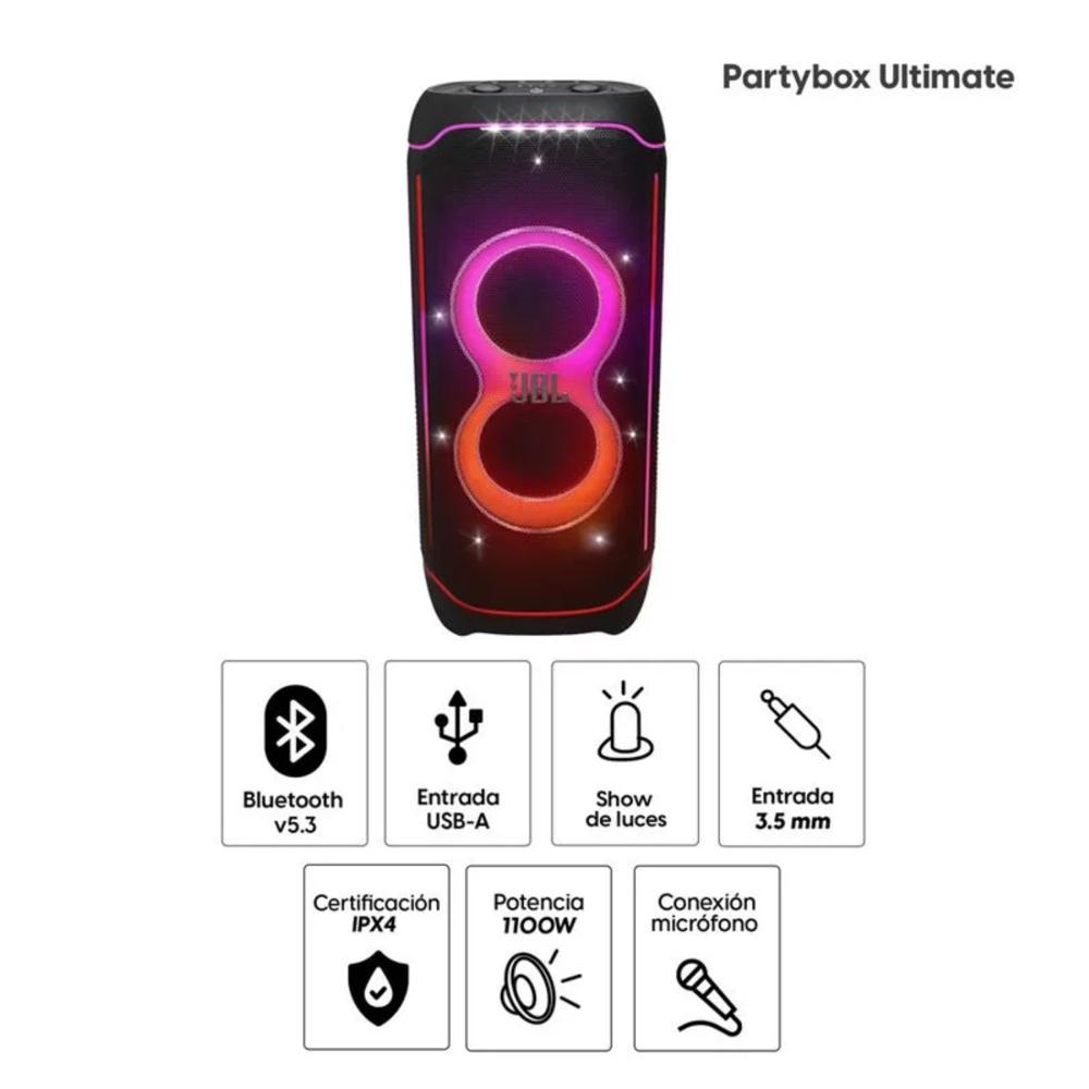 PARLANTE BLUETOOTH JBL PARTYBOX ULTIMATE 1100W PORTATIL IPX4 NEGRO - 2