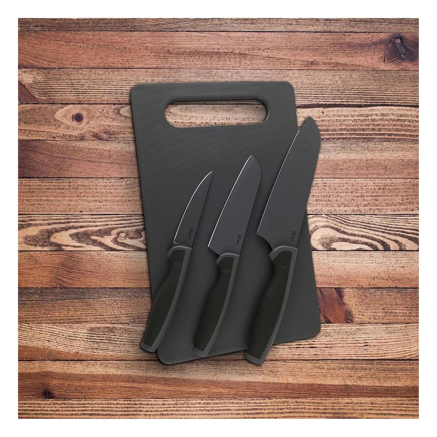 SET DE CUCHILLOS OSTER 3 PIEZAS + TABLA DE PICAR 92287-04 ACERO INOXIDABLE - 3