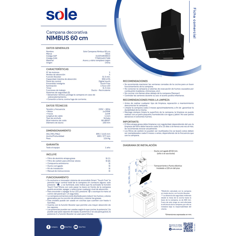 CAMPANA EXTRACTORA SOLE 60 CM VERTICAL NIMBUS - 6