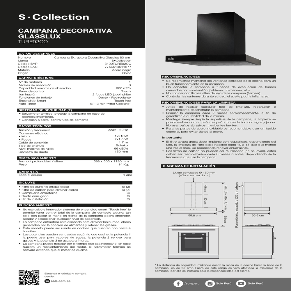 CAMPANA EXTRACTORA S-COLLECTION 60 CM DECORATIVA GLASSLUX - 8